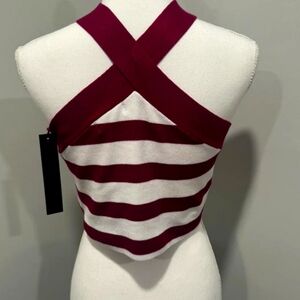 XL - NWT House of Harlow White & Burgundy Striped Ribbed Knit Halter Cropped top